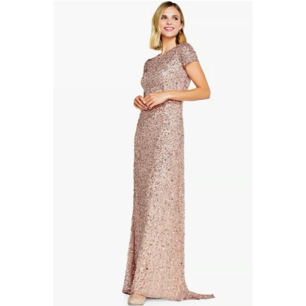 Adrianna Papell Gown Women 10 Rose Gold Sequin Short Sleeve Maxi Dress